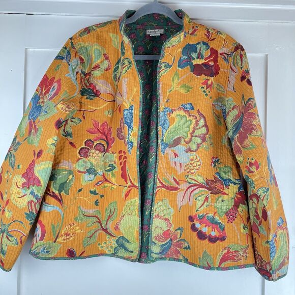 Handprint Long Sleeve Open Front Jacket Women’s M/L Orange Green Floral Cotton - Picture 2 of 16